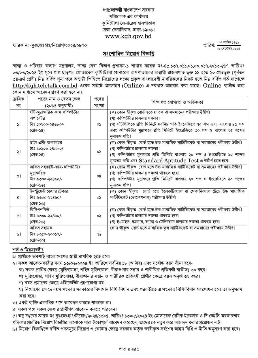 কুর্মিটোলা জেনারেল হাসপাতাল নিয়োগ বিজ্ঞপ্তি ২০২৪ 1