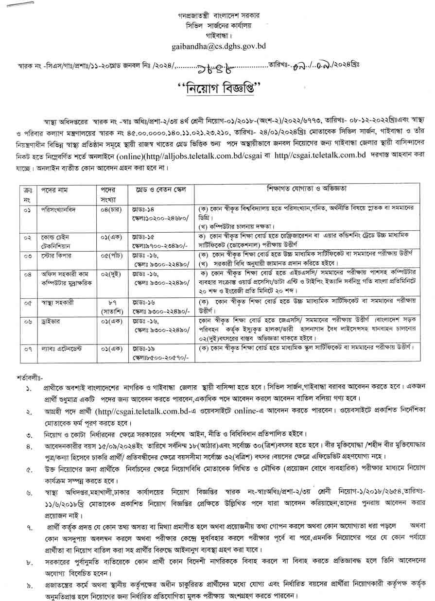 গাইবান্ধা সিভিল সার্জন কার্যালয় নিয়োগ বিজ্ঞপ্তি ২০২৪ 1