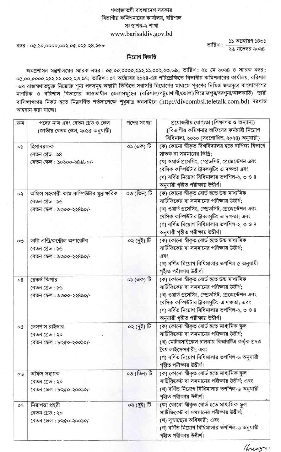 বরিশাল-বিভাগীয়-কমিশনারের-কার্যালয়-নিয়োগ-বিজ্ঞপ্তি-২০২৫-1