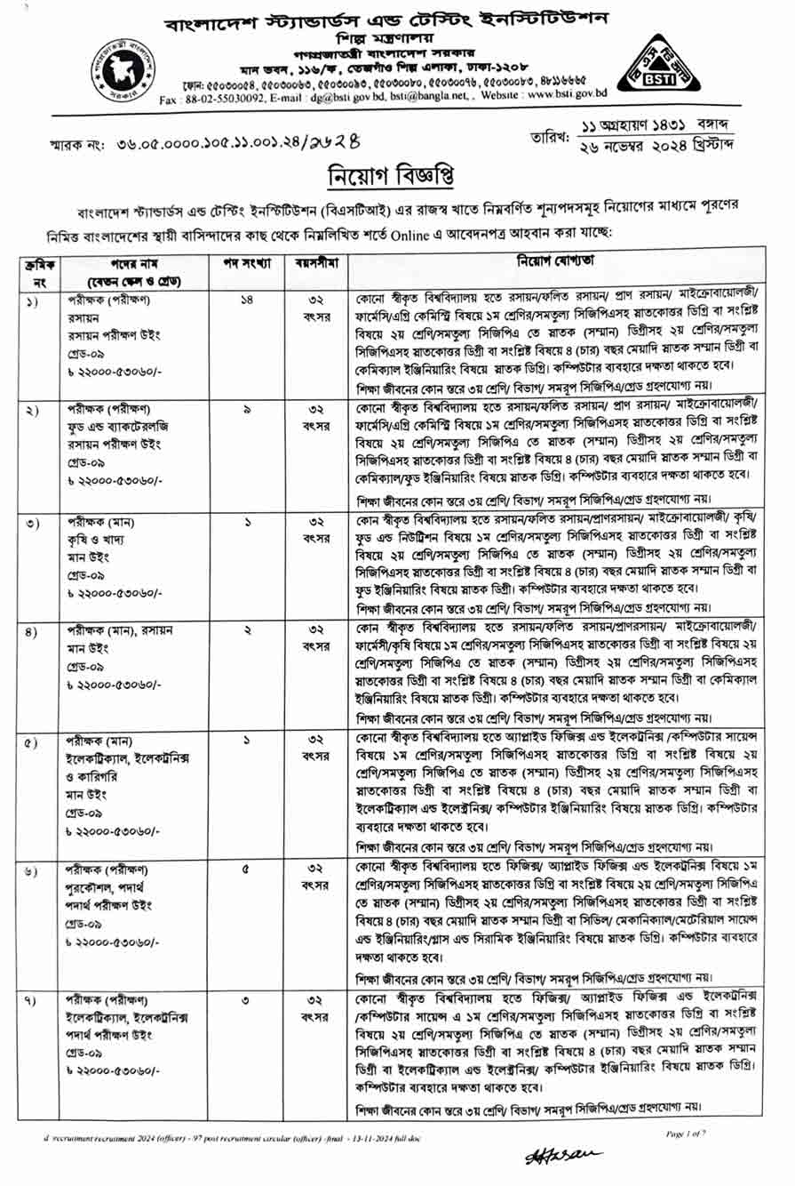 বাংলাদেশ স্ট্যান্ডার্ডস এন্ড টেস্টিং ইন্সটিটিউশন নিয়োগ বিজ্ঞপ্তি ২০২৪ 1
