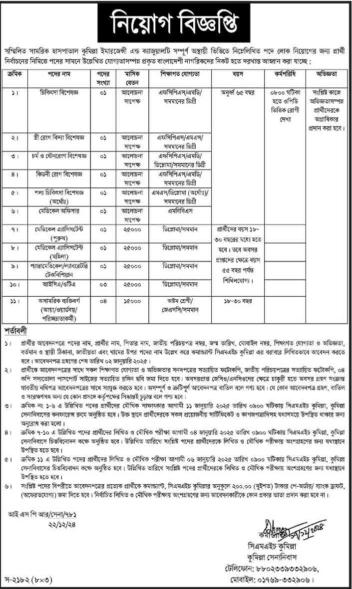 সম্মিলিত সামরিক হাসপাতাল (সিএমএইচ) নিয়োগ বিজ্ঞপ্তি ২০২৫-১ম