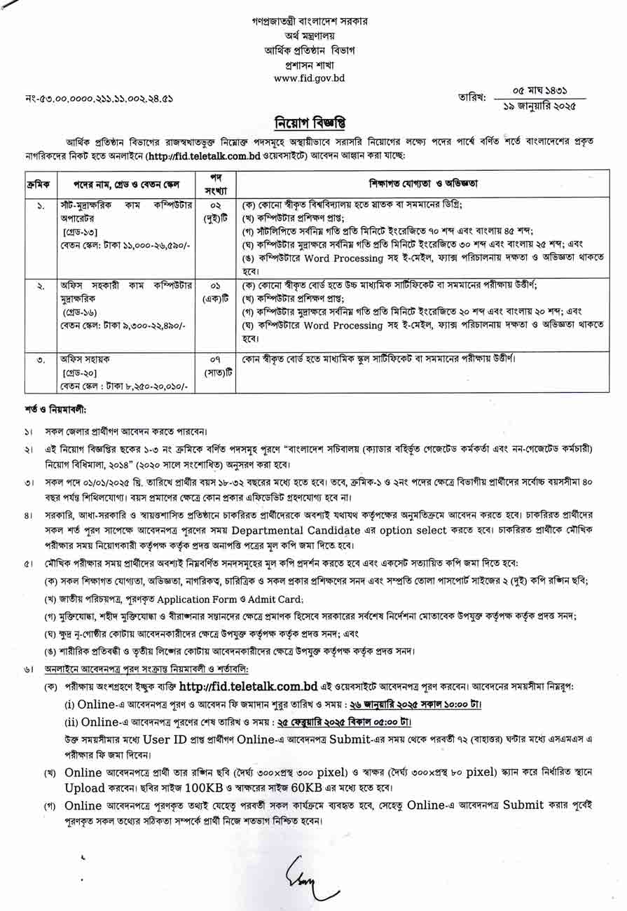 আর্থিক প্রতিষ্ঠান বিভাগ নিয়োগ বিজ্ঞপ্তি ২০২৫ 1