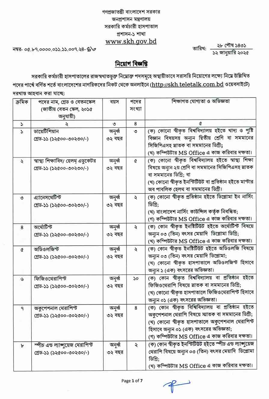 সরকারি-কর্মচারী-হাসপাতাল-নিয়োগ-বিজ্ঞপ্তি-২০২৫-1