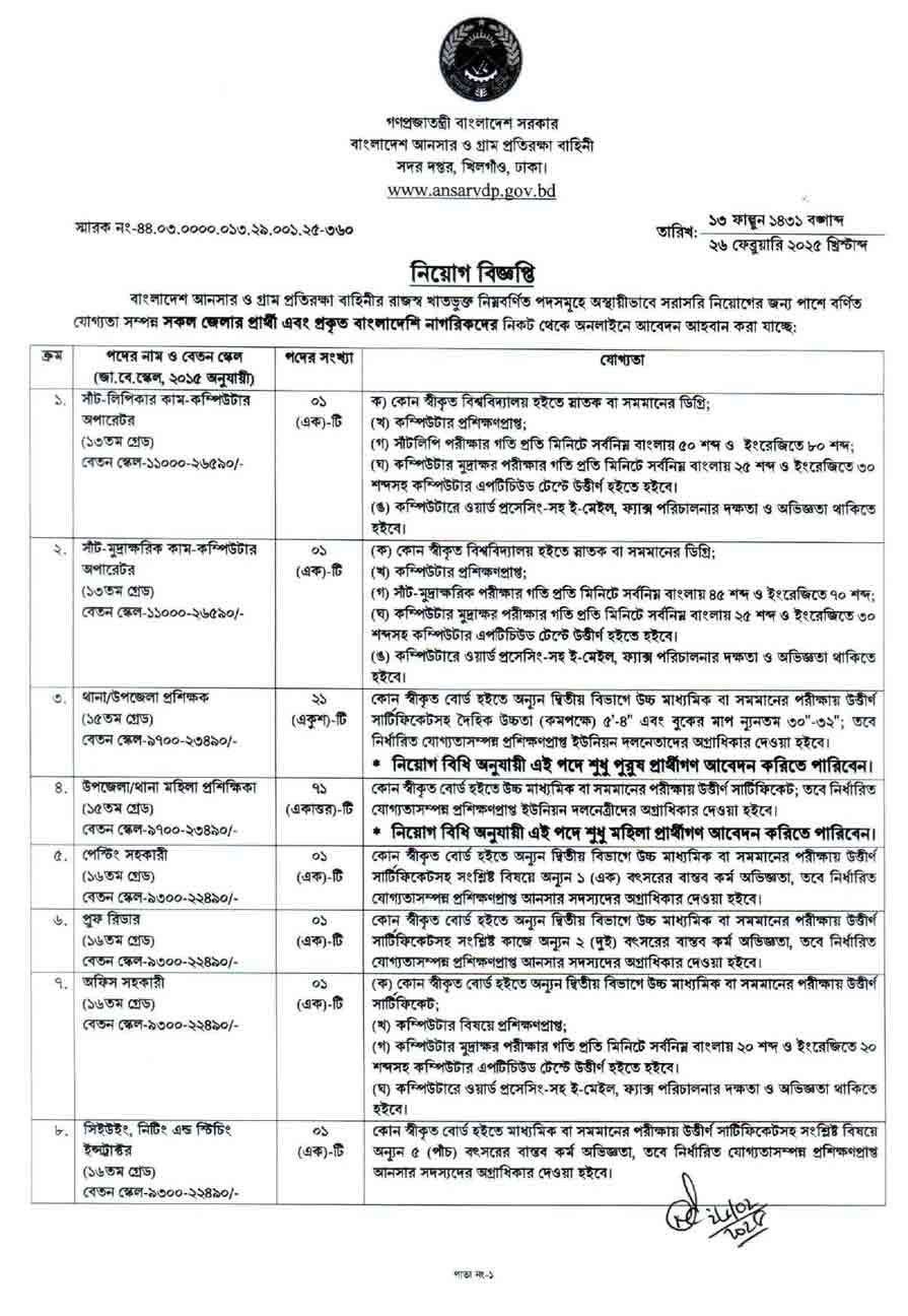 বাংলাদেশ আনসার ভিডিপি নিয়োগ বিজ্ঞপ্তি ২০২৫ ১