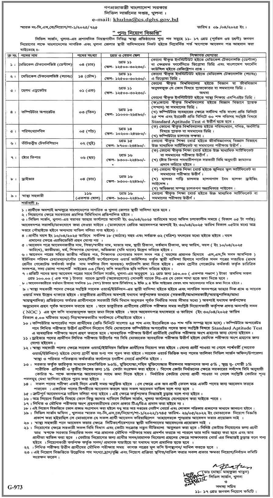 খুলনা-সিভিল-সার্জন-কার্যালয়-নিয়োগ-বিজ্ঞপ্তি-২০২৫