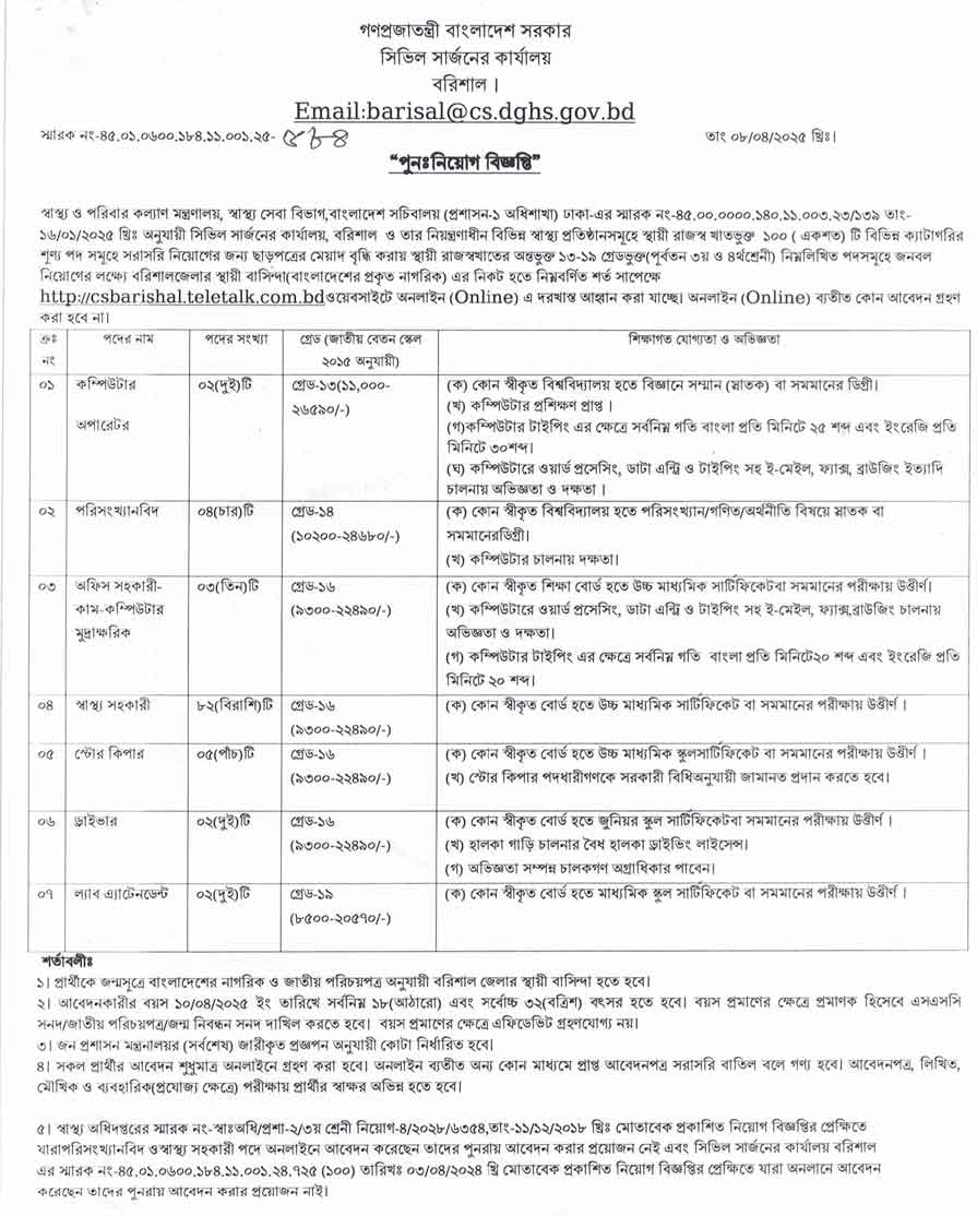 বরিশাল সিভিল সার্জন কার্যালয় নিয়োগ বিজ্ঞপ্তি ২০২৫ ১