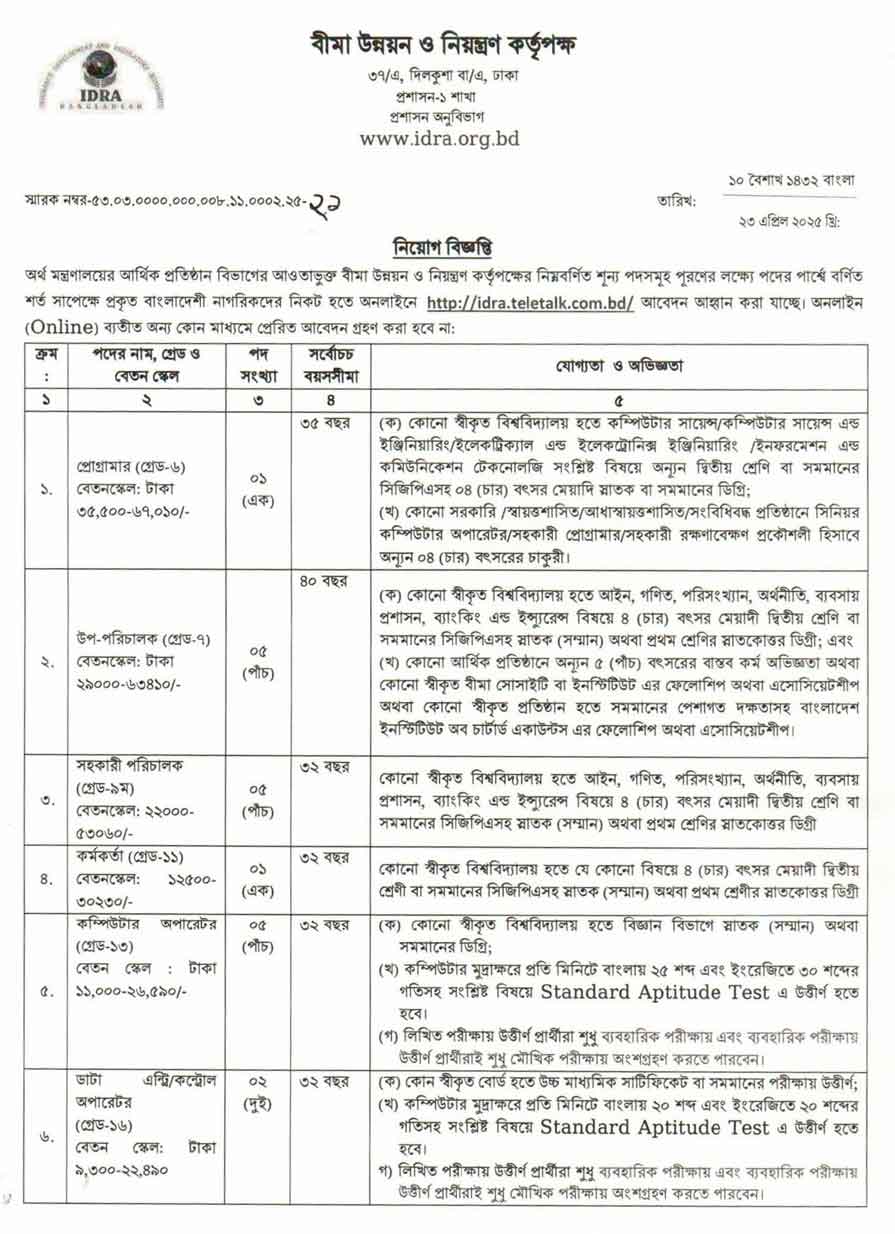 বীমা উন্নয়ন ও নিয়ন্ত্রণ কর্তৃপক্ষ নিয়োগ বিজ্ঞপ্তি ২০২৫ 24-04-25-1