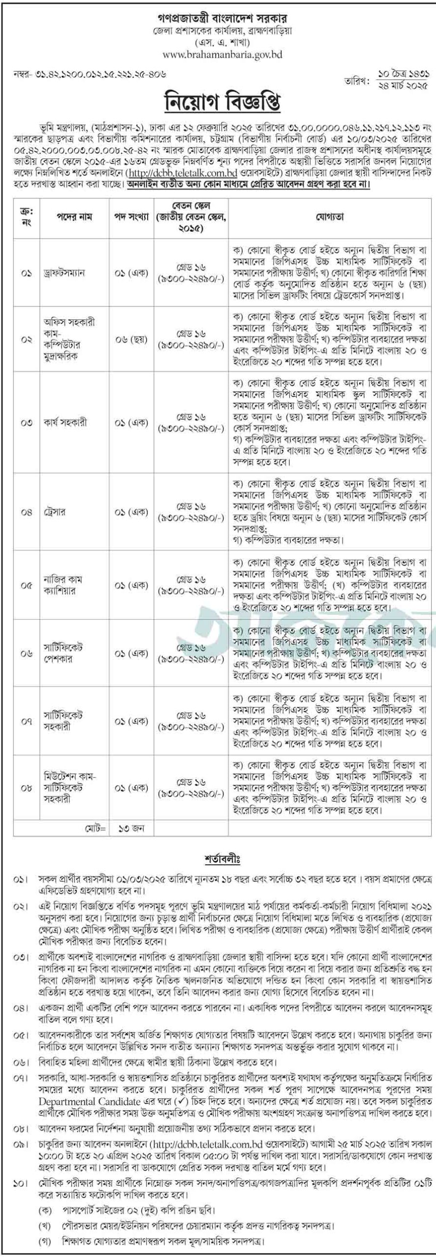 ব্রাহ্মণবাড়িয়া জেলা প্রশাসকের কার্যালয় নিয়োগ বিজ্ঞপ্তি ২০২৫ ১