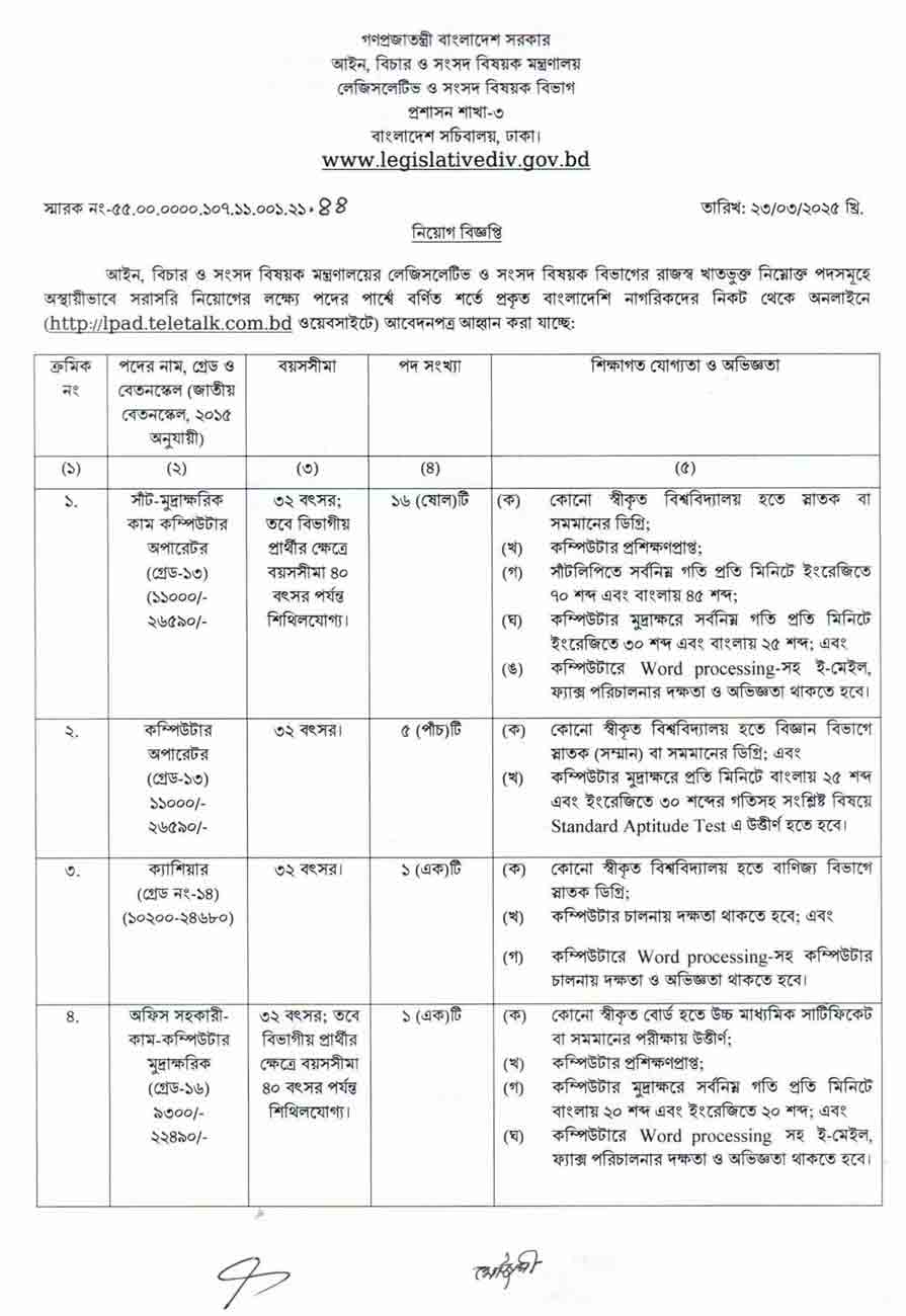 লেজিসলেটিভ ও সংসদ বিষয়ক বিভাগ নিয়োগ বিজ্ঞপ্তি ২০২৫ 1