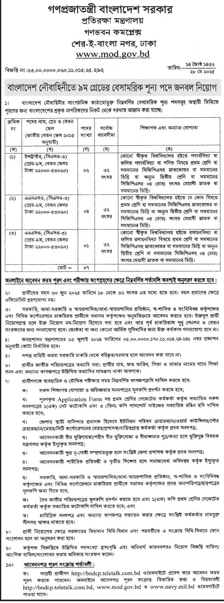 প্রতিরক্ষা মন্ত্রণালয় নিয়োগ বিজ্ঞপ্তি ২০২৫ 03-06-25-১