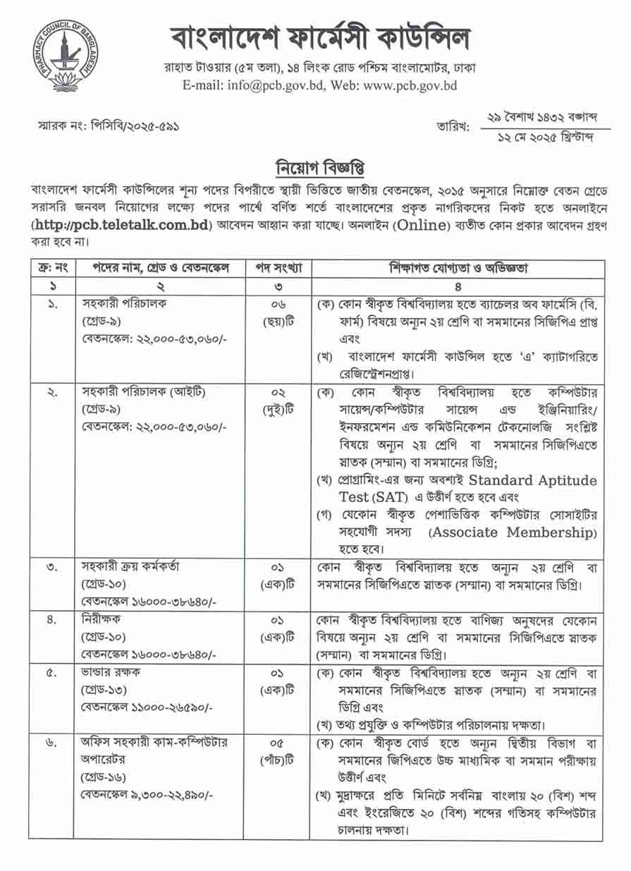 বাংলাদেশ ফার্মেসী কাউন্সিল নিয়োগ বিজ্ঞপ্তি ২০২৫ 1