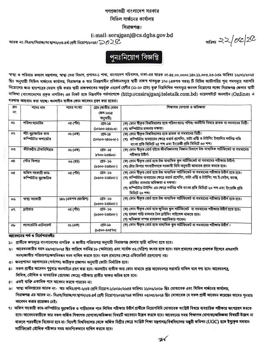 সিরাজগঞ্জ সিভিল সার্জন কার্যালয় নিয়োগ বিজ্ঞপ্তি ২০২৫ ১