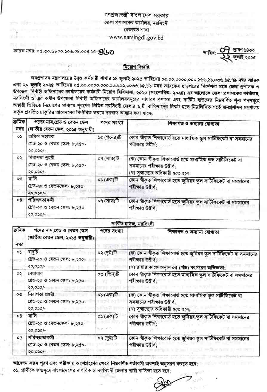 নরসিংদী জেলা প্রশাসকের কার্যালয় নিয়োগ বিজ্ঞপ্তি ২০২৫-১
