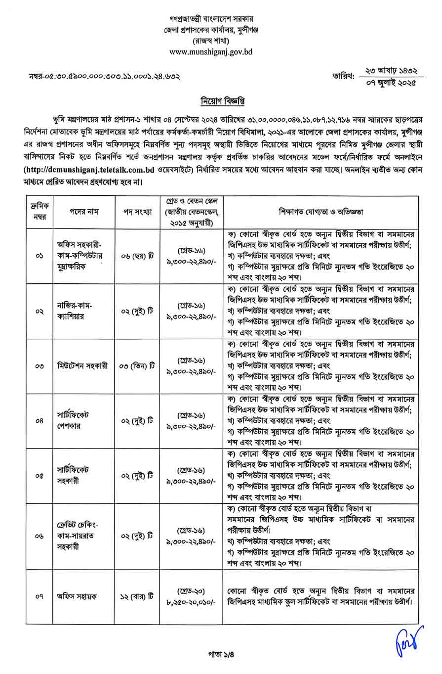 মুন্সিগঞ্জ জেলা প্রশাসকের কার্যালয় নিয়োগ বিজ্ঞপ্তি ২০২৫ ১